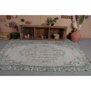 Vintage Classic Turkish Rug 5x8 Feet Beige and Blue Patchwork Design Handmade Wool with Latex Backing for Living Room - Product Image 4