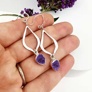Handmade Stunning Purple Amethyst Raw Crystal Stone Earrings 925 Sterling Silver For Women Dangle Drop Earrings