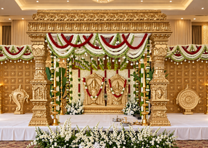 Exquisito Mandap Tradicional Hindú del Sur de la India para Bodas, Mandap de Madera Dorada con Decoración Floral para Decoración de Bodas en EE. UU. - Product Image 2