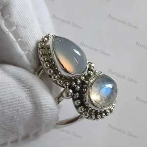 Chalcedony & Rainbow Moonstone Dual Gemstone Boho <b>Ring</b> Retro Style Handmade Sterling <b>Silver</b> <b>Statement</b> Jewelry Gift for Her - Product Image 6