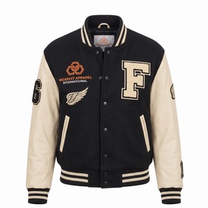 Blouson Bomber Court Personnalisé pour Femme avec Logo, Manches en Cuir et Laine Noires et Crème, Patch Aile Plumeuse en Chenille - Product Image 1