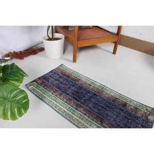 Alfombra Turca Pequeña, Alfombra Vintage de 1.7x3.6 pies, Alfombra de Lana Ikat Azul - Product Image 3