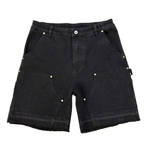 กางเกงขาสั้นผ้ายีนส์ขาสั้นสำหรับผู้ชาย Topshow กางเกงคาร์เพนเตอร์ผ้าเดนิมสีดำเข่าสองชั้นแบบมีลายปักโลโก้ตามสั่ง - Product Image 1