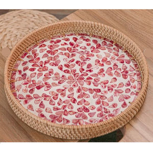 Plateau de service en rotin fait à la main plateau d'incrustation de coquille de nacre florale élégante Table basse écologique décor à la maison restauration - Product Image 5