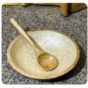 Petit bol en bois avec un intérieur blanc chatoyant, nacre irisée ou incrustation de coquillages, comprend une cuillère en bois vente en gros - Product Image 5