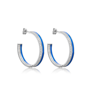 Dark Blue Color Enamel Clear CZ Stone <b>Hoop</b> <b>Earrings</b> Turkish Handcrafted 925 <b>Silver</b> <b>Sterling</b> Jewelry - Product Image 5