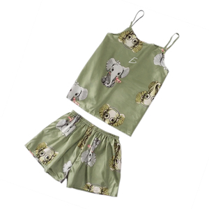 Pijamas de Satén con Estampado de Elefantes para Mujer, Diseño Floral Transpirable, Cierre con Botones y Cintura Elástica, Talla XL, Sin Mangas - Product Image 1