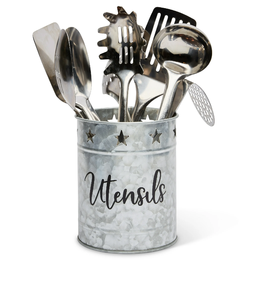 Large Galvanized Metal <b>Utensil</b> <b>Holder</b> for <b>Kitchen</b> Countertops with Punched Star Pattern - Product Image 3