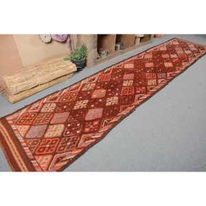 Vintage Turkish Rug, 3.1x14.5 ft Runner Rug, <b>Brown</b> Orange Bordered <b>Wool</b> Rug - Product Image 5
