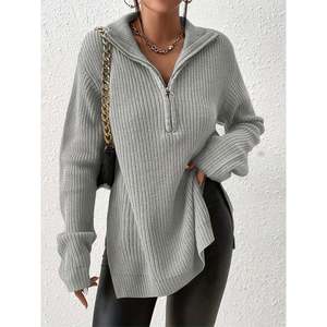 Women's Zip-Front <b>Mock</b> <b>Neck</b> Knit Sweater-Slim Fit Breathable & Warm Summer <b>Top</b> - Product Image 3