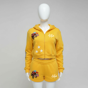 <b>Applique</b> Embroidered Distressed Patch Hoodie Acid Wash Vintage Hoodies Shorts Set 2 Piece Short Set for Men Custom Logo - Product Image 2