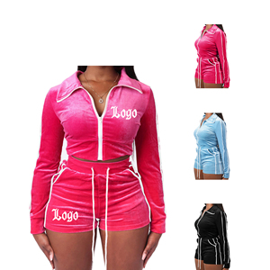 Summer wear 2024 Logo personnalisé Vente en gros Crop Velour Two Piece Tracksuit Zip Up hoodie Shorts Sets velvet Womens Breathable - Product Image 5