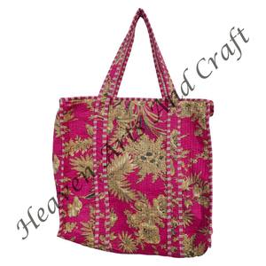 Sac à provisions léger de plage en coton fleuri écologique Sac fourre-tout matelassé à imprimé bloc fait à la main avec poche intérieure pratique Indien - Product Image 6
