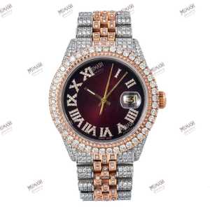 Montre en diamant moissanite bicolore à quartz de luxe de qualité supérieure avec cadran en chiffres romains Sunburst Wine Red - Product Image 3