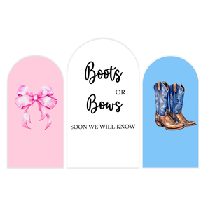 Arco Decorativo per Festa di Rivelazione del Genere 'Boots or Bows', Palloncini a Forma di Orsetto, Sfondo in Tessuto Rosa e Blu per Neonati, Festival e Compleanni - Product Image 1