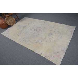 5x8.2 ft Vintage Large Rug, <b>Yellow</b> Pink Turkish Abstract <b>Wool</b> Rug - Product Image 1