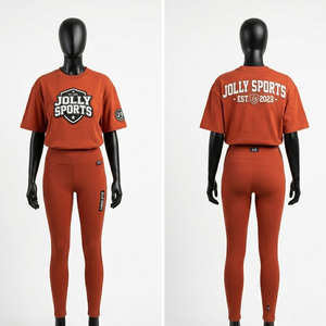 Womens 240 GSM Cotton Polyester Oversized T Shirt and High Waist Legging Set Puff Print Custom Logo Color <b>Rust</b> Women's Sets - Product Image 1