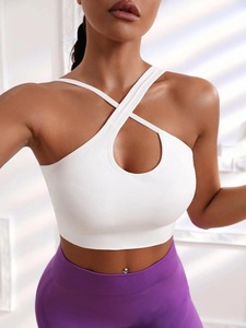 Sujetador deportivo de yoga sin tirantes transpirable de alto soporte con logotipo personalizado para mujer con color sólido y material de Spandex/nailon - Product Image 6