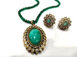 Ensemble de bijoux en quartz bleu aqua Eminent Jewel, pendentif en or antique, polki CZ, cadeau de mariage, de fiançailles, d'anniversaire, de fête, tendance, ovale - Product Image 2