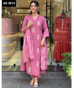 Nouveau costume traditionnel indien Salwar Kameez avec broderie séquentielle mélange de coton fantaisie et coton Dupatta pour femme - Product Image 1