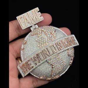 Custom FAME THE WORLD IS MINE'Globe Pendant in 925 Sterling <b>Silver</b> with Moissanite <b>Diamonds</b> Iced Out Hip Hop Statement <b>Necklace</b> - Product Image 1