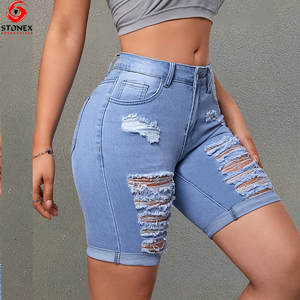 Shorts en jean pour femmes avec logo personnalisé, design d'été, denim pur en coton, délavé, style streetwear, shorts en jean - Product Image 5