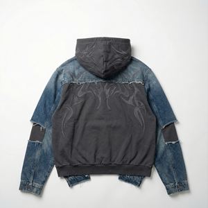 Sweat-shirt à capuche en molleton respirant et écologique pour homme, patchwork en coton, ourlet brut, broderie usée, coupe ample, pull-over - Product Image 2