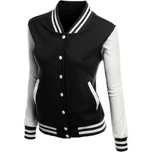 <b>Men</b> Classic Black and <b>White</b> Varsity <b>Jacket</b> Minimalist Two Tone Letterman Bomber with Striped Trim - Product Image 6
