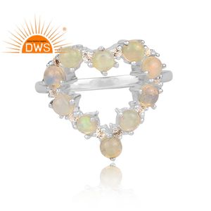 Best Quality Fine Sterling <b>Silver</b> Natural White Topaz & Ethiopian <b>Opal</b> Gemstone Heart Design Stackable <b>Ring</b> Jewelry Manufacturer - Product Image 2