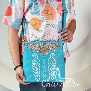 Large Capacity New Designer Famous Brands <b>Boot</b> Stitch Genuine Hand Tooled Leather Crossbody Sling Bags Western Handbag for Women - Product Image 1