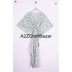 Caftán Indio para Mujer, 100% Algodón Puro, Estampado Floral a Mano, Maxi Largo, para Playa, Ropa de Dormir, Caftán Rabe con Cuello en V, Cinturón, Lavable - Product Image 5