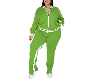 Conjunto de dos piezas con logotipo personalizado de talla grande para mujer, chándal con cremallera a rayas, pantalones de chándal con abertura superior, conjunto de Jogger con logotipo personalizado, conjunto de dos piezas para mujer - Product Image 6