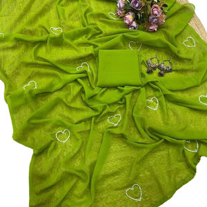 Sari de longitud larga con bordado de Color brillante impreso en forma de corazón más hermoso para Karva Chauth y especial de aniversario de boda - Product Image 2