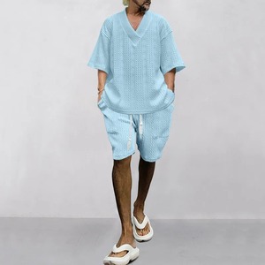 New Men <b>Shorts</b> Set Summer Casual Knitted Two Piece Men's Clothing V-Neck <b>Short</b> Sleeve T-shirt and <b>Shorts</b> Streetwear Knit Outfits - Product Image 5