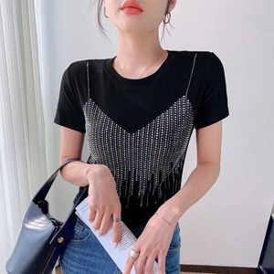 Diamants Solide Couleur Pull Strass À Manches Courtes T-shirt Maillot De Bain Mode Casual Vintage Tops - Product Image 2