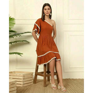 DEEBACO Women's Tan Solid Tiered Layered <b>Dress</b> One Shoulder Bell Layered Sleeves Fit & Flared Above Knee Length One Piece <b>Dress</b> - Product Image 1