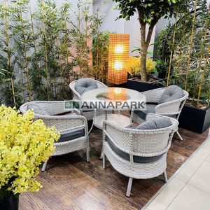 Annapark Lobby Rattan <b>Dining</b> <b>Table</b> <b>Set</b> (For Four) Light <b>Grey</b> / <b>Grey</b> - Product Image 2
