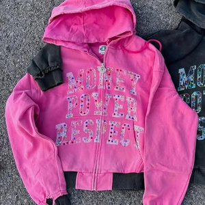 Vente en gros, coupe régulière, ensemble de survêtements à capuche de détresse, tenues de jogging, sérigraphie avec lavage à l'acide et survêtement pour hommes avec strass - Product Image 3