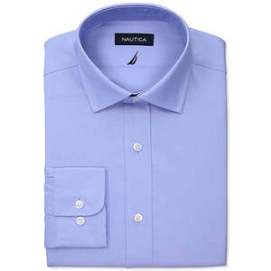 For Nautica Men's Comfort Stretch Dress Shirt Regular-Fit White Solid with Blue Poplin Fabric 100% Cotton Size 32-33 - Product Image 1