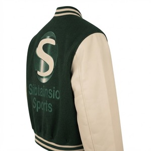 Chaqueta Letterman Verde Crema con Mangas en Contraste, Cuello y Puños de Punto Acanalado a Rayas, Cintura Alta, Chaqueta de Hombre Personalizada al por Mayor de Alta Calidad - Product Image 2