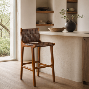 FREYA Solid Wood Leather Bar Chair | Mid Century Restaurant Bar <b>Stool</b> | Custom Color Industrial Seating Wood Base 3-Year - Product Image 2