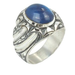 Anillo de Plata de Ley 925 para Hombre, Diseño de Pluma Hecho a Mano con Bisel de Piedra de Ámbar Azul Oscuro Comprimido, Joyería de Regalo - Product Image 1