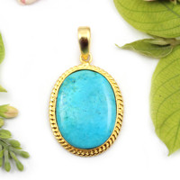Vintage Design Turquoise Gemstone 24K Plaqué Or Forme Ovale En Laiton Métal Pendentif Bijoux pour Femmes En Gros En Vrac