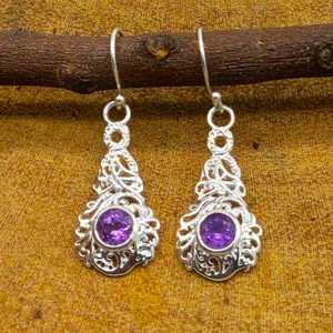 Handcrafted 925 Sterling <b>Silver</b> <b>Drop</b> <b>Earrings</b> Unique Bohemian Artisan Craft with Cut Amethyst Gift Wholesale Sellers - Product Image 1
