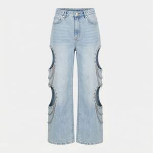 American Vintage Hip Hop Style Fashion <b>Women's</b> Denim Wide Leg Pants Geometric Pattern Embroidery Customized Color Baggy <b>Jeans</b> - Product Image 1