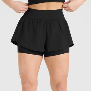 Pantalones cortos negros 2 en 1 para correr con logotipo personalizado para mujer, pantalones cortos elásticos de cintura alta y doble capa para mujer, pantalones cortos de gimnasio - Product Image 6