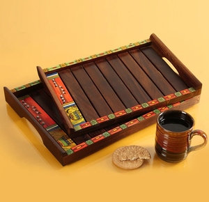 Pinturas y tablones Madhubani, bandejas anidadas pintadas a mano en madera de Sheesham, bandeja redonda de madera, granja y centro de mesa Vintage - Product Image 2