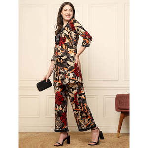 DEEBACO Women's Abstract Floral Printed Indo Western Co-Ord <b>Set</b> Rayon <b>Square</b> Neck 3/4 Sleeves Kurti with Pants Party Wear - Product Image 1
