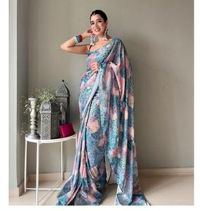 Saree de seda Vichitra con Secuencia de trabajo, Border Saree con blusa, hermoso, azul claro, encantador - Product Image 1