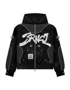 Sweat à capuche personnalisé en strass 500gsm - Heavyweight 500gsm Distressed Rhinestone Hoodie, OEM Streetwear Logo personnalisé - Product Image 2